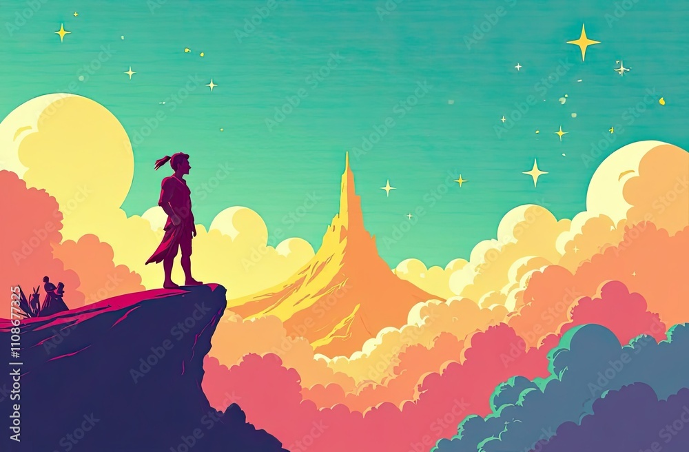 Fototapeta premium A person stands on a cliff, admiring a distant mountain peak surrounded by vibrant clouds under a starry sky at dusk. Generative AI