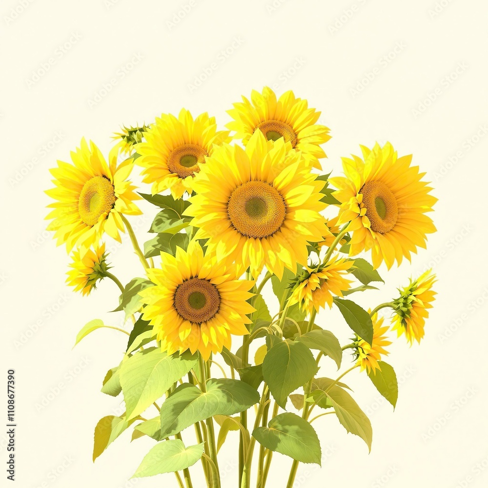 Fototapeta premium A beautiful arrangement of artificial sunflowers in bright yellow against a soft white background, vintage inspired floral pattern, soft white background, rustic charm.