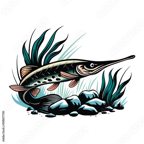 Create a highly detailed vector illustration of a Chinese paddlefish (Psephurus gladius), showcasing its unique rostrum and body features.  Prioritize accuracy and anatomical detail.