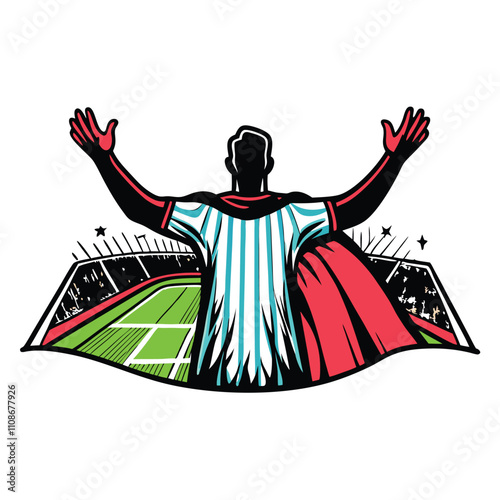 Create a vibrant, comic book style vector illustration of a jubilant sports player celebrating a victory, dynamic pose, bold lines, bright colors.