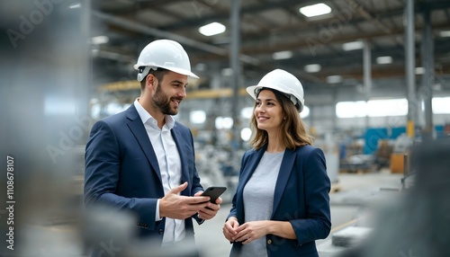 Smiling businessman showing smartphone to businesswoman in factory