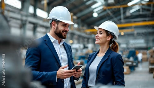 Smiling engineers using tablet, discussing project in steel factory