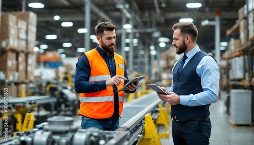 Supervisor and manager using digital tablet, discussing in a modern factory