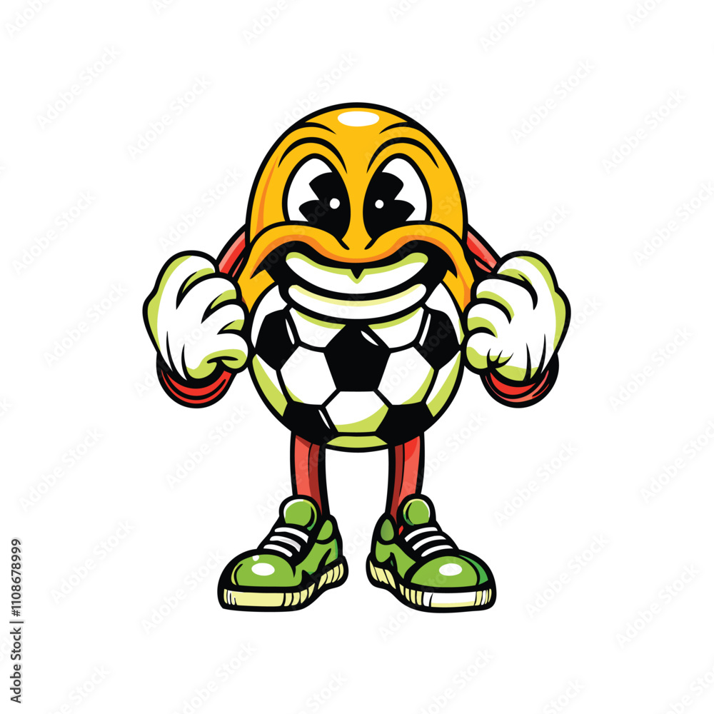 Obraz premium Design a playful mascot, possibly animal-based, joyfully holding a soccer ball; vibrant colors, cartoonish style.
