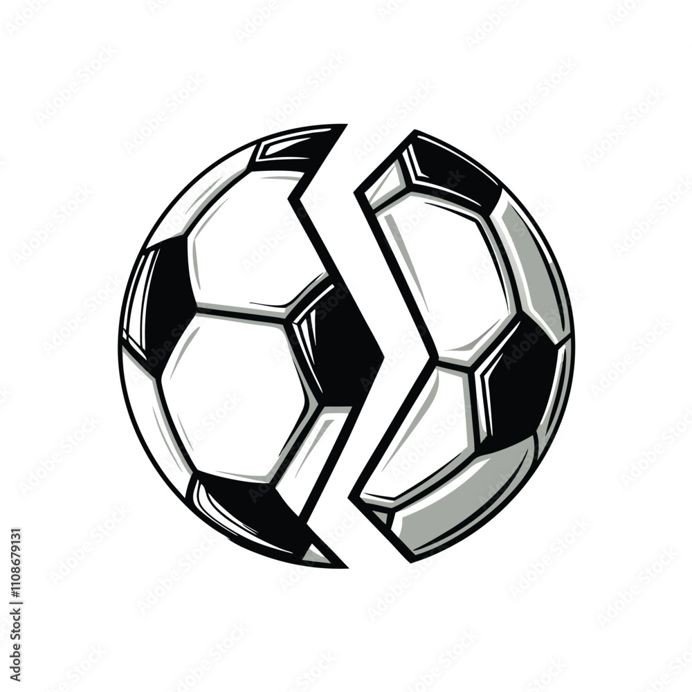Obraz premium Create a minimalist vector graphic of a soccer ball shattering a single, numbered '1' representing a record broken. High contrast, clean lines.