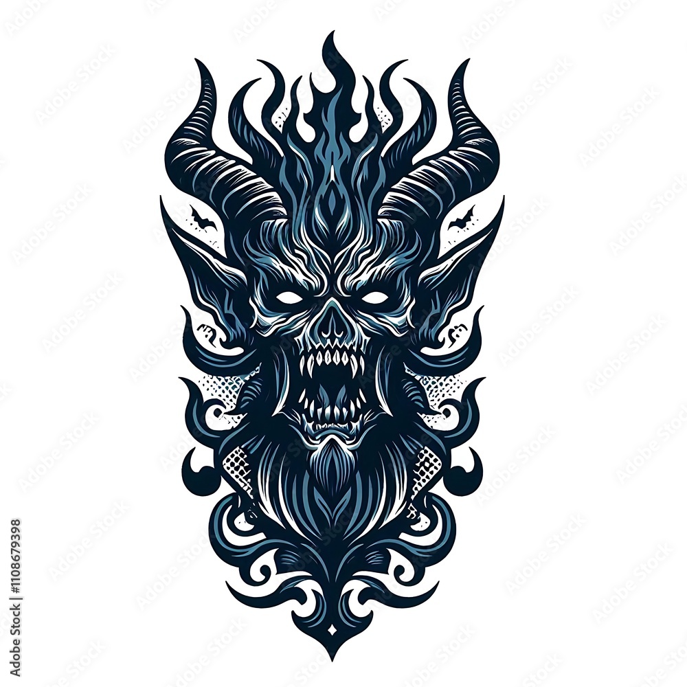 Dark, intricate demon skull design with horns. Dark, intricate demon skull design with horns.