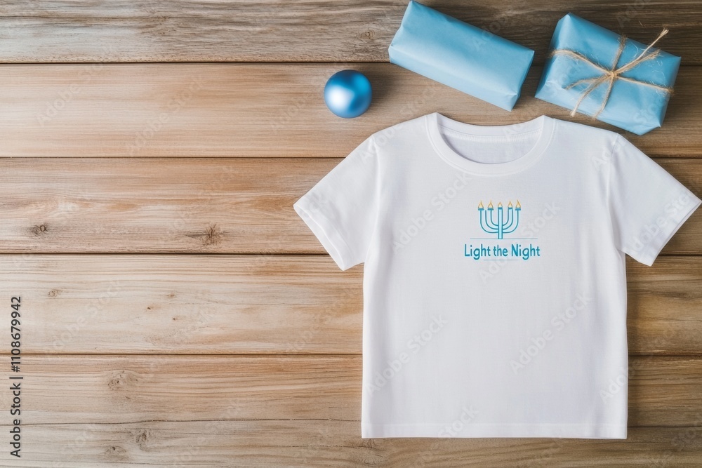 Festive Hanukkah T-Shirt Mockup with Menorah Design on Rustic Table for Christmas and New Year Festive Hanukkah T-Shirt Mockup with Menorah Design on Rustic Table for Christmas and New Year