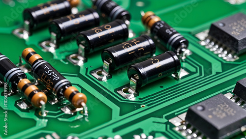 Close-up view of electronic components on a green circuit board in a workshop during daylight hours photo