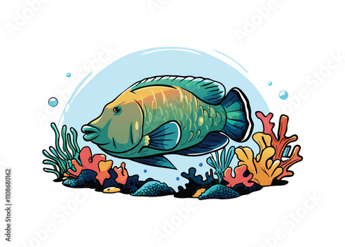 Create a vibrant vector illustration of a Napoleon Wrasse, showcasing its unique coloration and features.  Emphasis on detail and accuracy.