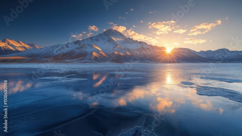 In the winter of Lop Nur, in thesnowy mountains of Kashgar region, golden lightshines from behind on the top of Mount Anglouand reflects on the frozen lake below. 