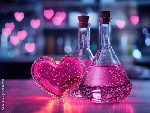 Heart shaped beakers with pink liquid create romantic atmosphere photo