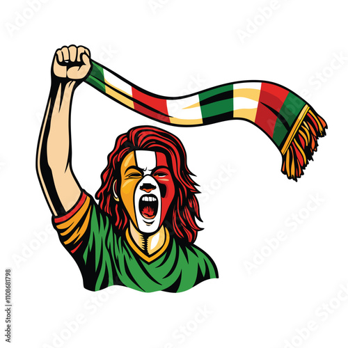 Create a stylized vector illustration of a jubilant soccer fan wearing a face paint design, showcasing team spirit.  Focus on vibrant colors and dynamic pose.