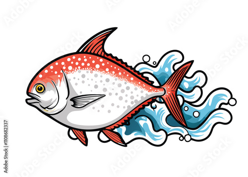 Create a vibrant vector illustration of an opah fish, showcasing its unique reddish-pink coloration and large, round body.  Include detailed fin and eye depiction.