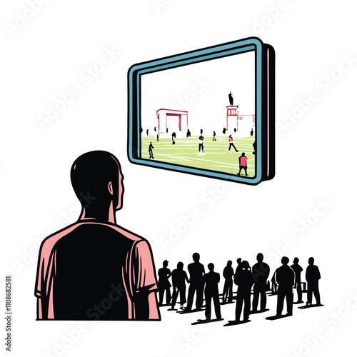 Create a vector illustration of a passionate soccer fan intensely watching a match from a stadium seat, showing their excitement and engagement.