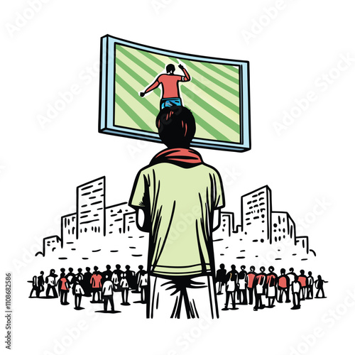 A vector illustration of a jubilant soccer fan intensely watching a match from a stadium grandstand, cheering passionately.