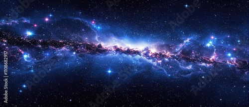 A massive galaxy with numerous stars and clouds of space dust in a dark blue background , vastness, milky way, celestial, cosmos