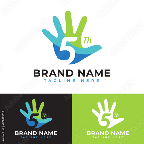 Hi five hand gesture with hidden number 5th 5 five or 55th 55 year anniversary logo symbol icon flat stock vector design