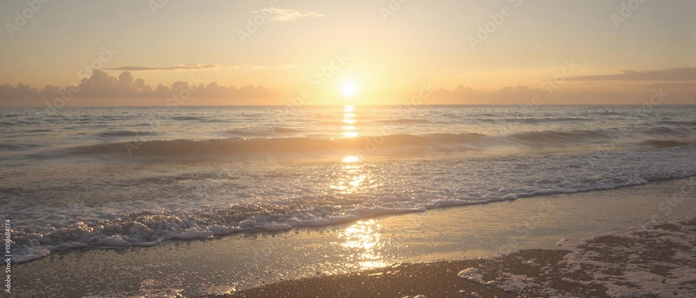 Fototapeta premium A serene ocean scene at dawn with the sun rising over the water, sky, sunrise