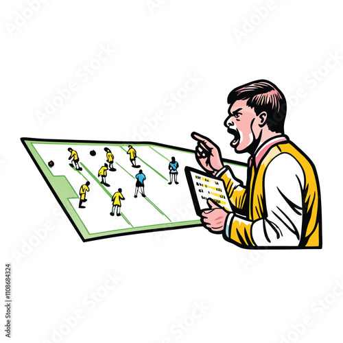 Create a dynamic editorial-style vector illustration of a passionate sports coach intensely shouting instructions to their team, conveying energy and focus.