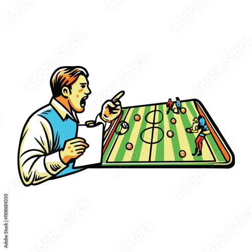 Create a dynamic editorial-style vector illustration of a passionate sports coach intensely shouting instructions during a game.  Focus on powerful body language and facial expression.