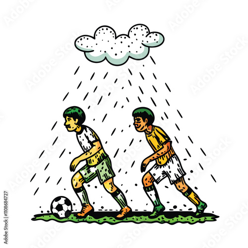 Create a dynamic vector illustration of a rainy soccer match, emphasizing the intensity and atmosphere. Include players, a muddy field, and dramatic lighting.