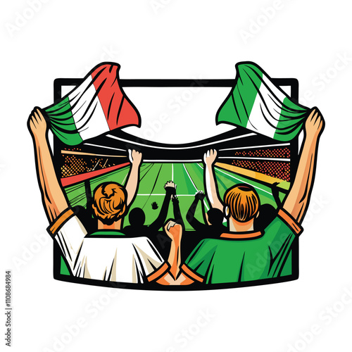 Jubilant fans, draped in national colors, passionately cheer their team during a thrilling stadium match.  Capture the vibrant energy and excitement.