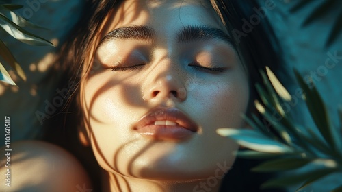 Woman with Closed Eyes Surrounded by Leaves