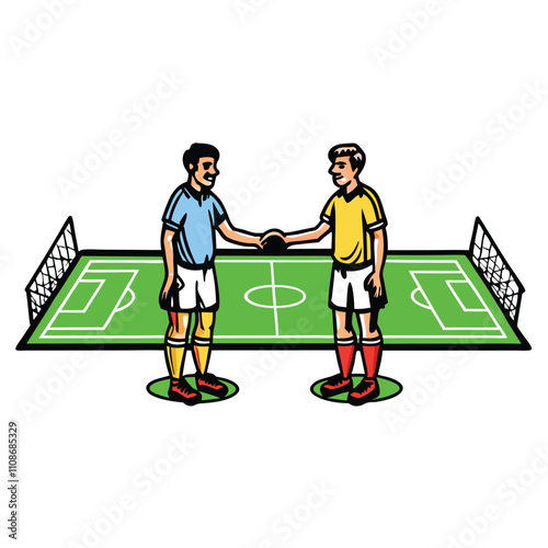 Two soccer players, in full uniform, firmly shake hands before a competitive match, demonstrating sportsmanship and respect.  Emphasize pre-game tension and anticipation.