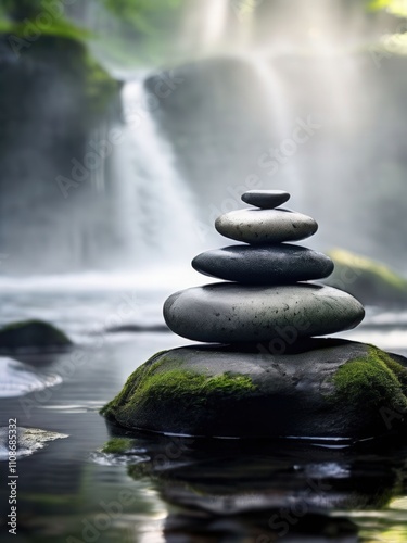 the AI Image Generator, Zen Stone Stack by a Waterfall in Lush Greenery