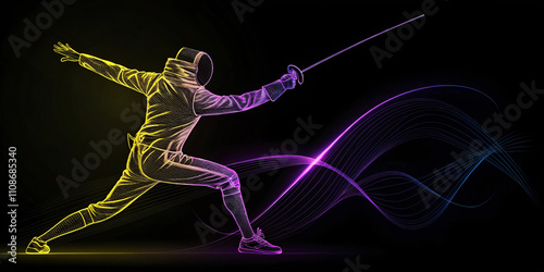 dynamic illustration of fencer in action, showcasing movement and energy with vibrant colors. background features flowing lines that enhance sense of motion