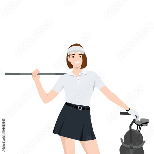 Young woman plying golf holding golf club and bag. Flat vector illustration isolated on white background