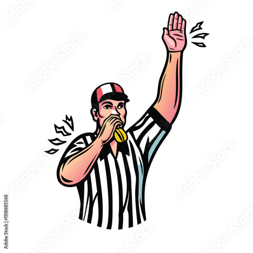 Create a stylized vector illustration of a referee blowing a whistle, emphasizing dynamic lines and bold colors.  The pose should convey action and authority.