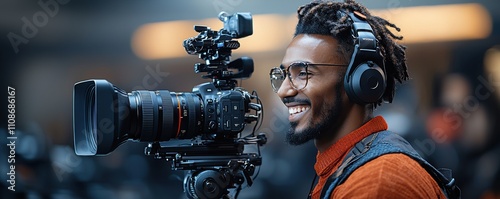 Smiling videographer wearing headphones operating professional camera. photo