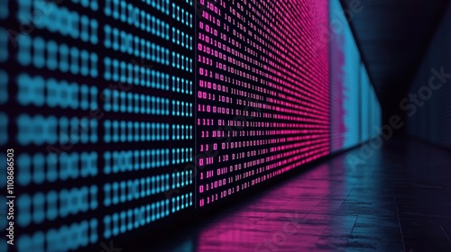 Digital binary code patterns in pink and blue on futuristic wall perspective. Abstract technological data representation in a dark hallway