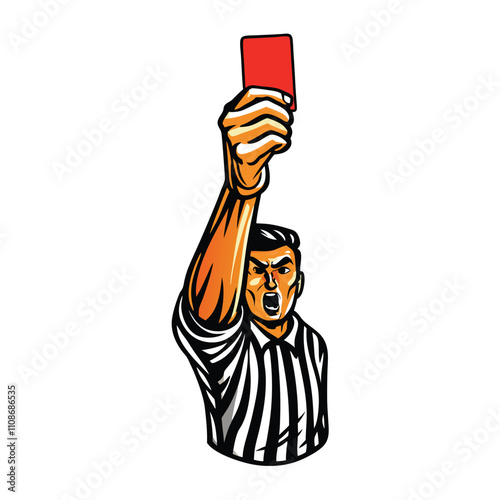 Create a vector illustration of a soccer referee confidently displaying a red card, emphasizing detail in the referee's expression and the card's texture.