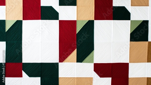 A vibrant quilt featuring geometric patterns in red, green, gold, and white, showcasing a modern design aesthetic.