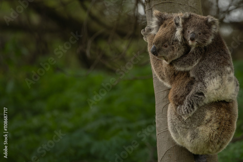 Photography A baby australian koala (Phascularctos cinereous) being carried by its mother