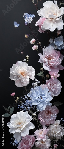 Artistic and elegant display of white, pink, and blue flowers on a dark background, colors, elegant, artistic