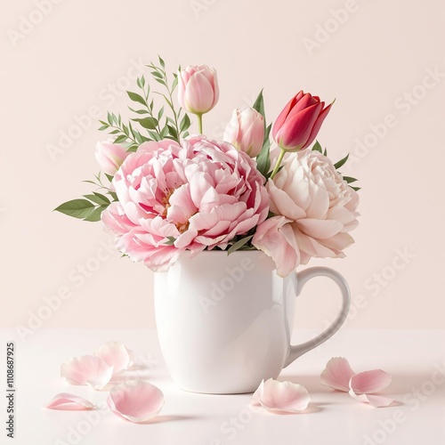 Artistic composition of various flowers in different shades in a ceramic mug, composition, petals, floral arrangement, various, artistic