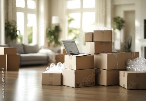 Laptop rests on cardboard boxes in a new home photo