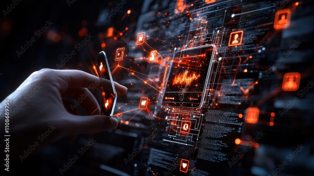 Fototapeta premium Hand interacting with a futuristic digital interface displaying glowing red icons and connections on a dark background.