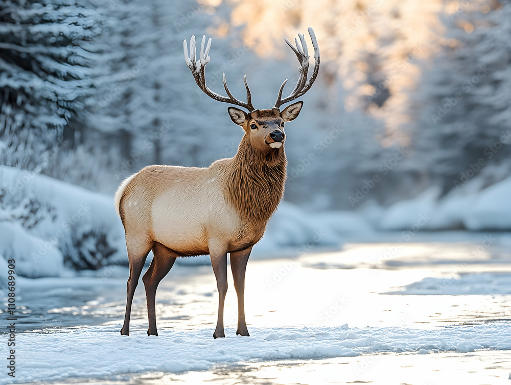 Obraz premium Majestic elk standing in snowy winter landscape near a frozen river.