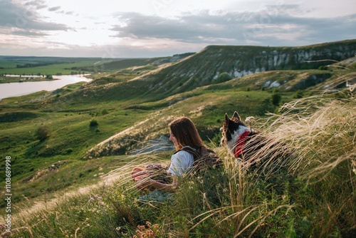 young woman and dog sitting resting on a mountainside in Samara region Podvalskie terraces