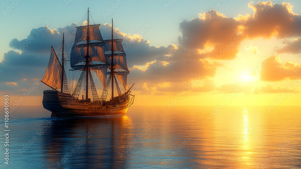 Obraz premium Majestic sailing ship at sunset on calm ocean. (5)