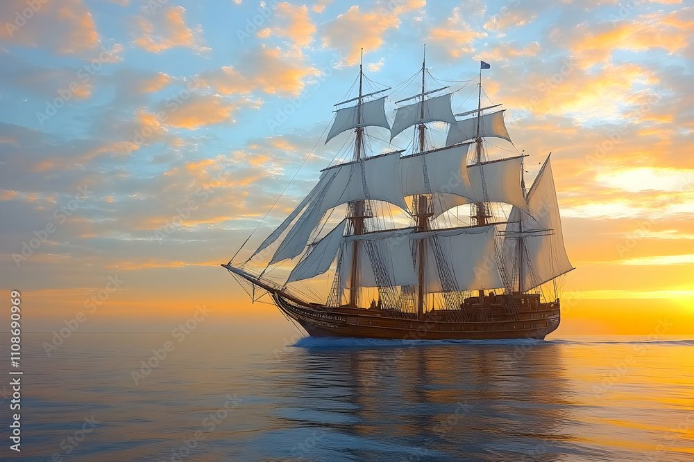 Obraz premium Majestic sailing ship at sunset on calm ocean. (6)