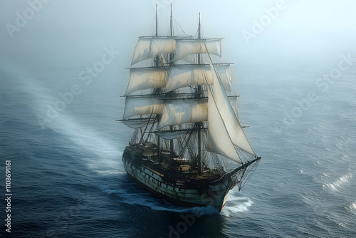 Majestic sailing ship cutting through a misty ocean.