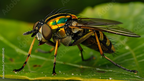 Detailed Close-up: An Intricate Examination of a Striped Tsetse Fly on a Leaf in its Natural Habitat photo