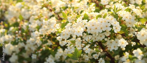 Blooming white flowers on bush with soft focus background, natural beauty, floral, dew drops, fragrant, small bush