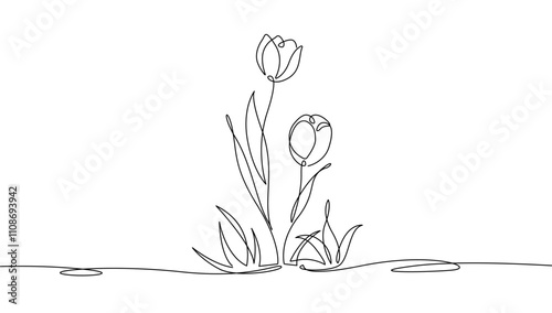 Continuous Line Drawing Of Tulip Flowers Black Sketch Isolated on White Background. Flower Tulip with Leaves One Line Illustration. Minimalist Botanical Drawing. Vector Illustration