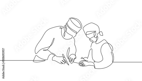 Surgeons Perform Surgery Continuous One Line Drawing. Nurse Assisting Surgeon Minimalist Black Sketch Line Art Drawing. Medical Concept One Line Vector Illustration on White Background
